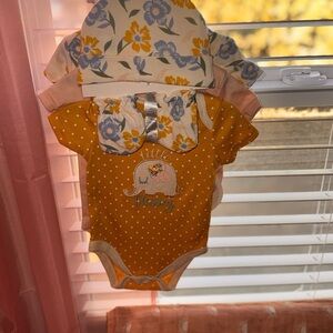Floral and Orange Baby Onesie 5 piece Set